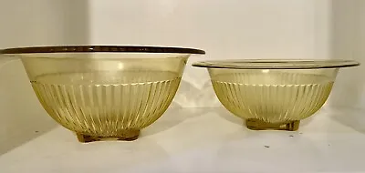 Buy Federal Glass Yellow Nesting Stack Bowls Set Of 2 Ribbed Footed Design Vintage • 11.53£