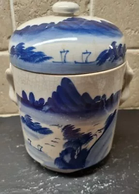 Buy Vintage Chinese Hand Painted Pottery Blue And White Tea Jar Seascape Design • 29.99£