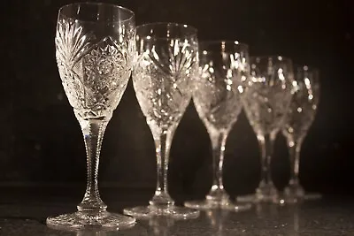 Buy Antique Glasses Cut Crystal Glasses, Pinwheel Etched Small Wine Glasses X5 • 65£