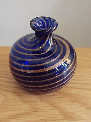 Buy Very Small Vintage Cobalt Blue & Gold Adventurine Swirl Vase • 2.99£