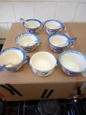 Buy 6 X Quimper StyleTea Cups & Spoons With Sugar Bowl Floral Pattern Peint A Main • 6£