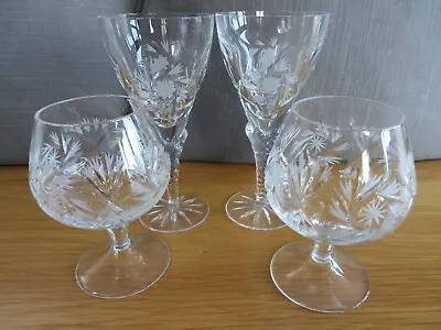 Buy 4 Crystal Tumblers 2 Brandy Snifters  2 Wine / Sherry Glasses Cut & Etched Glass • 9.99£