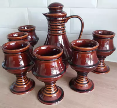 Buy Beautiful Vintage Denmead Pottery Brown Glazed Tall Jug With 6 Goblets SL1 • 37.99£