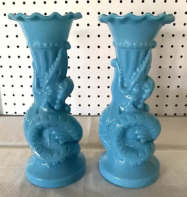 Buy 2 Stunning Antique Matching French Blue Milk Glass Asian Dragon Vase Rare 1930's • 212.45£