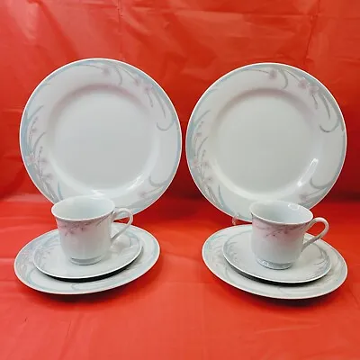 Buy Vintage 1980's 8 Piece - Service For 2 Dinnerware Blue Pink On White Porcelain • 37.89£