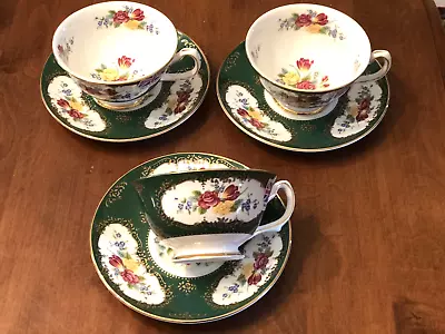 Buy Duchess Cups & Saucers  Set Of Three  Green With Flowers  England • 23.97£
