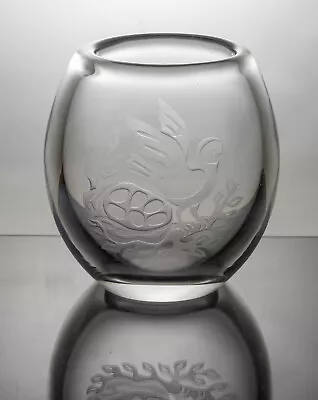 Buy Hadeland Scandinavian Art Glass Vase, Owl Engraved By Lars Fletre 1950s MCM • 15£