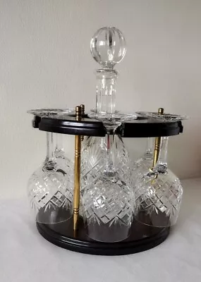 Buy Vintage Crystal Wine Glasses And Decanter Set With Wood And Brass Stand Holder  • 30£