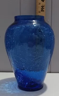 Buy Vintage Cobalt Blue Hand Blown Crackle Glass Flower Vase 5  Wide 7  Tall  • 23.70£