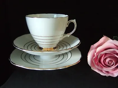 Buy Vintage Royal Vale, Bone China Trio Cup Saucer Plate White & Gold Bands Design • 3.99£