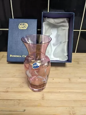 Buy Cranberry Glass Etched Boxed  Bud Vase Czech Republic Bohemia Floral Crystal • 21£