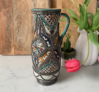 Buy Vintage/Antique Moroccan Hand-Painted Bohemian Jug Vase Silver-Toned Filigree • 208.25£