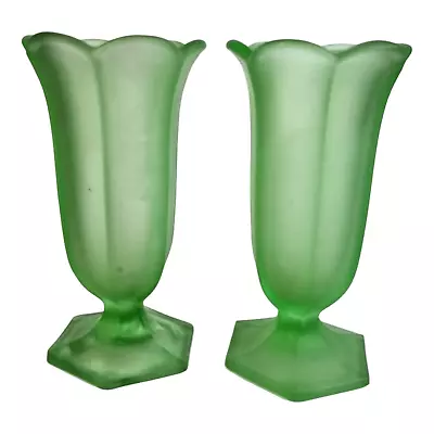 Buy Art Deco Green Glass Vase Frosted Glass Pair Of Vases • 32.95£