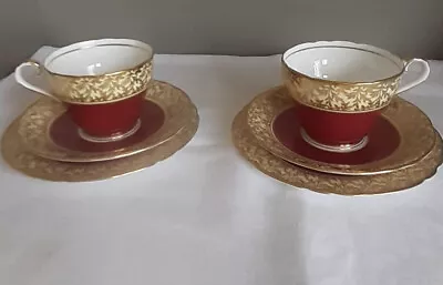 Buy Aynsley Bone China 2 Trios - Cup, Saucer And Plate Gold And Burgundy Red Vintage • 9.50£