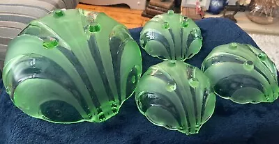 Buy Vintage Art Deco Shell Shaped Green Glass Footed BOWL + 3 Dishes Sowerby Bagley? • 19.50£