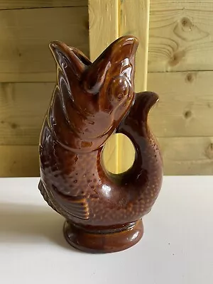 Buy Vintage Pottery 7” Brown Fish Glug Jug • 15£