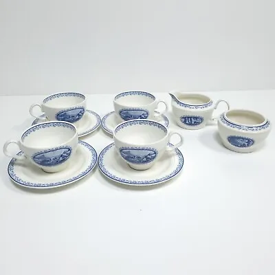 Buy Royal Cauldon Cups Saucers Milk Jug Sugar Bowl Scenario Blue & White Vintage • 24.90£