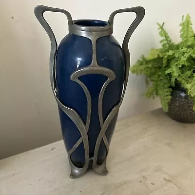 Buy Antique Art Nouveau Jugendstil Ceramic Vase Blue Vase Pewter Mount 1915-1920 • 95£