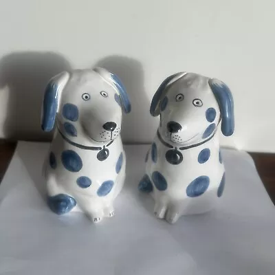 Buy Pair Of Vintage Rye Pottery  Dogs Hand Painted  Blue And White 14 Cm High • 65£