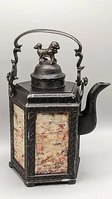 Buy Antique 5 Sided Chinese Pewter Teapot Reverse Hand Painted Glass Panels 19th Cen • 26£