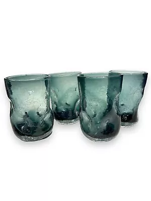 Buy Blenko Crackled Large Dimple Pinched Glass Charcoal Tumbler Hand Blown Set Of 4 • 71.93£