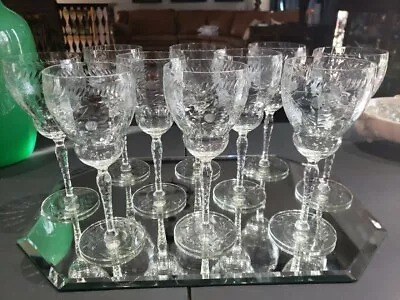 Buy (10) Water Wine Goblets Glasses 7-3/8  Crystal Cut Prism Thistle Border Unk2603 • 192.05£