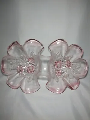 Buy Vintage Double Bowl Clear Pink Floral Depression Glass • 23.71£