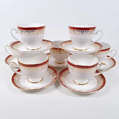 Buy Royal Grafton Majestic Footed Cups & Saucers Red Maroon Vintage England Set Of 7 • 27.66£