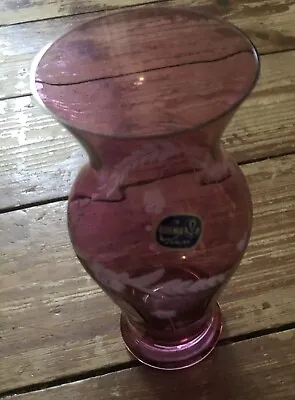 Buy Cranberry Glass Etched Pedestal Vase 6  Czech Republic Bohemia Floral Crystal • 9.99£