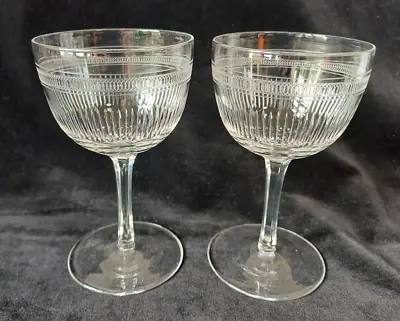 Buy Pair Of Edwardian Etched & Cut Glass Cup Bowl Wine Glasses C1905 • 25£