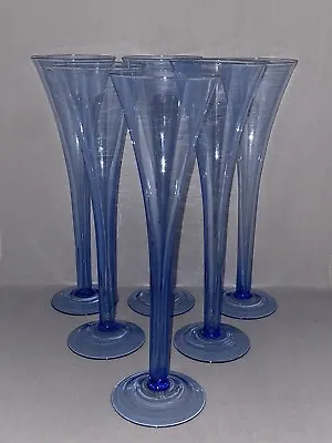 Buy 6 X HAND MADE HOLLOW STEMMED BLUE CHAMPAGNE FLUTES TRUMPET GLASSES 25cm High • 25.95£