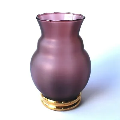 Buy Vintage Amethyst Purple Frosted Glass Vase Gold Hand Painted Base 18.5cm 1950s • 20£