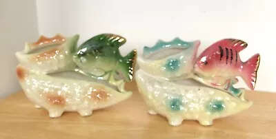 Buy Vintage 1960's Lustreware Ceramic Pottery Green & Red Fish Planters • 20.99£