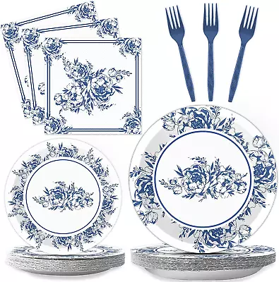 Buy 96 PCS Floral Blue & White Flower Party Tableware Set Disposable Party Supplies  • 27.53£