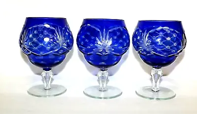 Buy Set Of Three Cut To Clear Cobalt Blue Wine Glasses • 19.13£