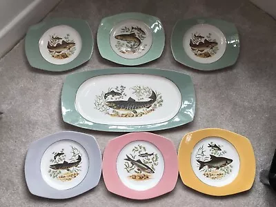 Buy Vintage Figgjo Flint- Norwegian Fish Service-One Large And Six Small Plates • 20£