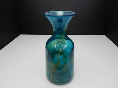 Buy Mdina Art Glass Carafe Cased Swirled Tan Aqua Applied Disk 8 1/2  T • 18.50£