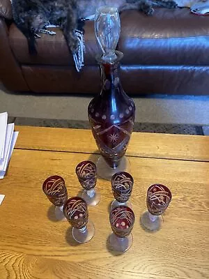 Buy RARE Vintage Cut To Clear Bohemian Decanter & 6 Sherry Glasses Cranberry Colour • 100£