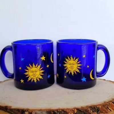 Buy Vintage Rare Libbey Cobalt Blue Glass Mugs (2)  Sun Moon Stars Celestial  Mint • 227.61£
