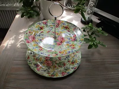 Buy Chintz Cake Stand Two Tier Stafforshire England Mid Winter Floral • 14£