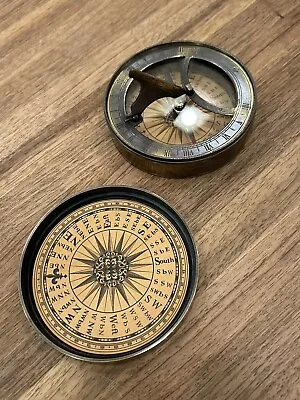 Buy ✔️ Large Size 3.5” Brass 18th Century Sundial And Compass Nautical With Lid  • 43.41£