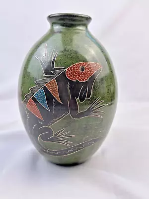 Buy VINTAGE 1960'S Art Pottery Vase Double Sided Iguana Design COSTA RICA 8  Tall • 46.99£