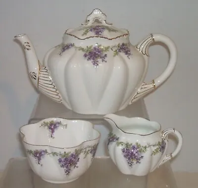 Buy Shelley Dainty Shape Gilt Trim Purple Wisteria Teapot, Milk Jug And Sugar Bowl • 65£