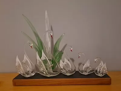 Buy Large Glass Swans With Reeds Ornament, Wooden Stand Included (vintage) • 10£