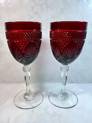 Buy Set Of 2  Antique Ruby  Pressed Glass Crystal Stem Water Goblet Cristal D'Arques • 38.42£
