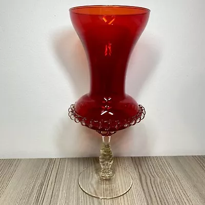 Buy Vintage Hand Blown Cranberry Red Glass Vase Twisted Pedestal Stem Crimped Edge • 32£