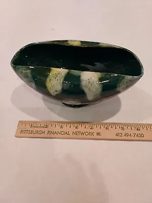 Buy Green Glaze Mid Century Footed Compote Planter Bowl Art Deco With White Abstract • 20.82£