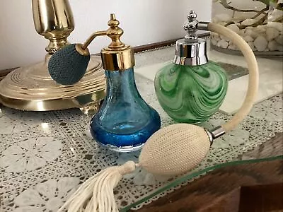 Buy Glass Perfume Atomisers X 2, Green Swirl & Blue Crackled Glass Bottles Caithness • 15£