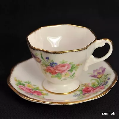 Buy E Brain Foley 8-Sided Footed Cup Saucer Foley Tulip Pink Roses W/Gold 1936-1948 • 53.02£