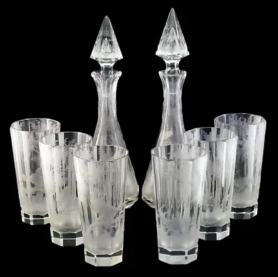 Buy C1890, ANTIQUE 19thC BOHEMIAN ENGRAVED GLASS CRYSTAL TUMBLERS AND PAIR DECANTERS • 0.99£